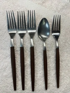Vtg Epic Flatware 4 Forks 1 Spoon Faux Wood Handles Canoe Japan MCM See Descript - Picture 1 of 3