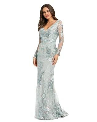 Mac Duggal Floral Embellished V-Neck Illusion Long Sleeve Gown 67539 Seamist 18 - Image 1 of 4