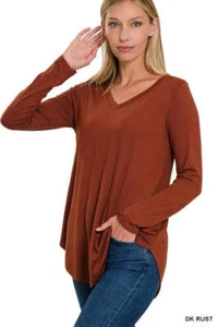 Zenana Long Sleeve V-Neck Round Hem Womens Top 5colors S-XL - Picture 1 of 6