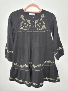 ZARA GRAY COTTON GAUZE BOHO BEIGE FLORAL EMBROIDERED PLEATED TIRED DRESS*10 - Picture 1 of 9