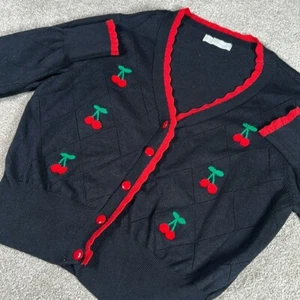 Red Cherry Black Embroidered Cardigan Pullover XL Belle Poque Langarm - Bild 1 von 7