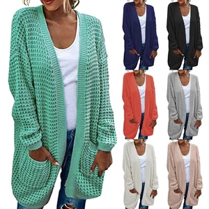 Women Solid Color Cardigan Coat Long Sleeve Knitted Sweater Jacket with Pockets - Picture 1 of 45