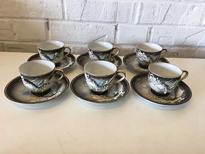 Vintage Japanese Set of 6 Porcelain Moriage Dragon Decorated Cups & Saucers - Picture 1 of 10