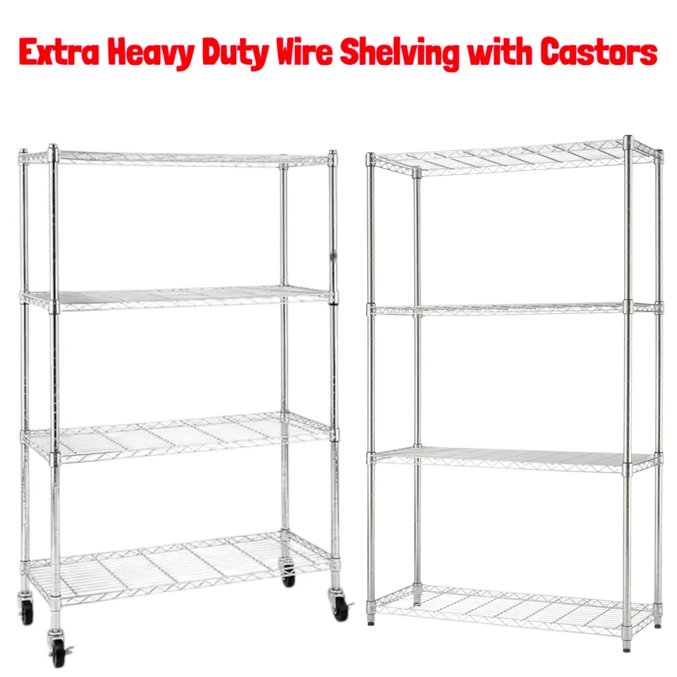 Chrome 4 Tier Wire Shelving Metal Storage Shelf Home Office Kitchen Stand Rack. - Image 1 of 4