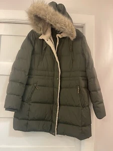 LRL Black Label Jacket Women XL Green Puffer Fleece Down Removable Hood Wool - Picture 1 of 9