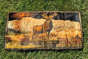 Antique Hunting Stag Deer Velvet Tapestry Rug Hanging Wall Decor 38” x 19” - Picture 1 of 2