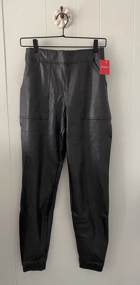 Spanx Leather Like Jogger in Noir Black Faux Vegan Pull-on Pants S