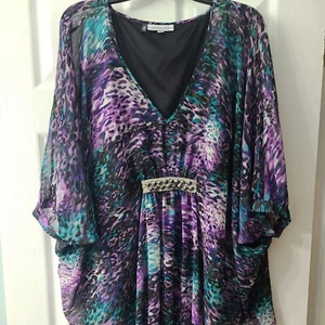 Jennifer Lopez Abstract Sheer Blouse Top Shirt Purple Teal Women’s Plus Size 0X - Picture 1 of 6