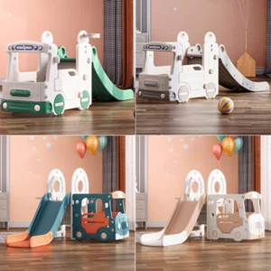 Kids Slide and Swing Set with Basketball Hoop Bus Playhouse Toddler Climber Toys - Picture 1 of 98