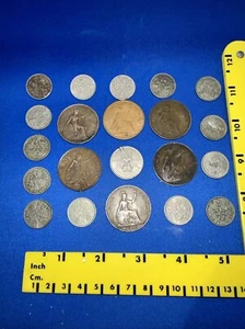 Lot Of 21 Great Britain Coins Assorted Large One Penny 6 Pence One Shilling - Picture 1 of 8