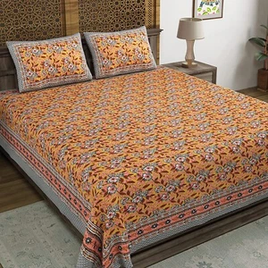  Hand Block Floral Printed 300 TC Cotton King Size Bedsheet - Picture 1 of 6