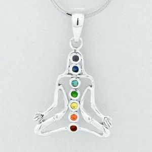 Sterling Silver Deco MultiColor Rainbow Sapphire Yoga Chakra Pendant Necklace - Picture 1 of 4