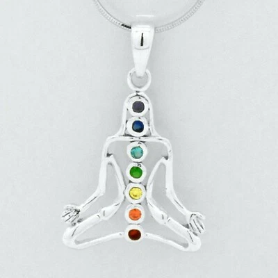 Sterling Silver Deco MultiColor Rainbow Sapphire Yoga Chakra Pendant Necklace - Image 1 of 4