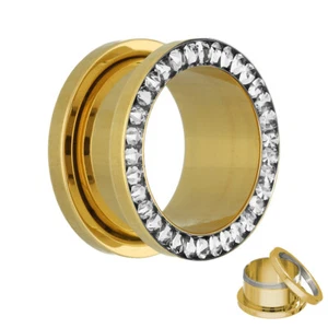 Treuheld® - Flesh Tunnel - Stahl - Gold - Gewinde - Kristalle (3682) - Imagen 1 de 2