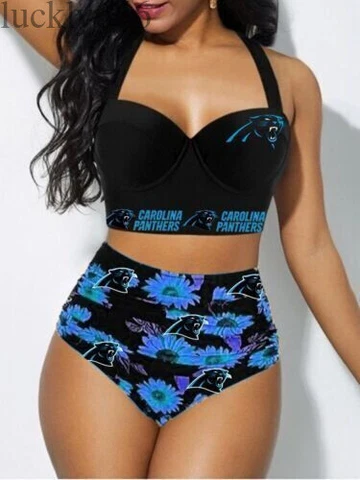 Carolina Panthers Women's 2PCS Bikini Set Push Up Swimsuit Beach Halter Swimwear Cover