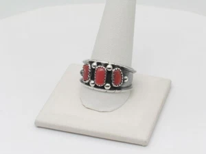 Native American Navajo Handmade Sterling Silver & Coral Multi-Stone Ring Size 13 - Picture 1 of 7