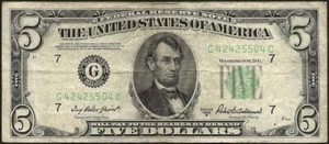 Etats-Unis - billet de 5 dollars Lincoln Federal Reserve note 1950 green seal ! - Imagen 1 de 2