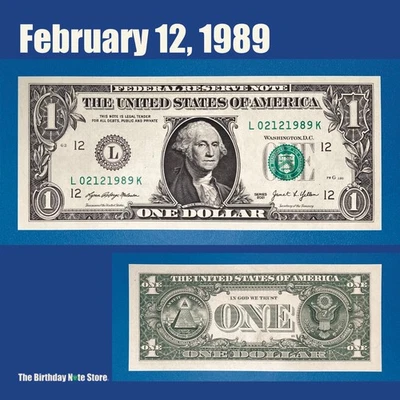 February 12, 1989 Birthday Anniversary $1 One Dollar Bill Serial Number 02121989 - Image 1 of 2