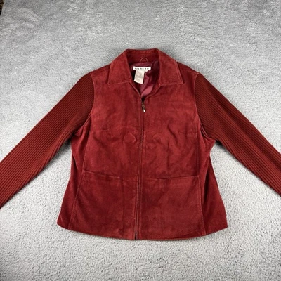A.M.I Women’s Large Leather Jacket, Red/ Cherry Suede Zipped Front Knit Sleeve - Image 1 of 4