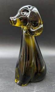 Vintage Salviati Murano Glass Sitting Dog Puppy Figurine, Signed, Olive Green - Picture 1 of 12