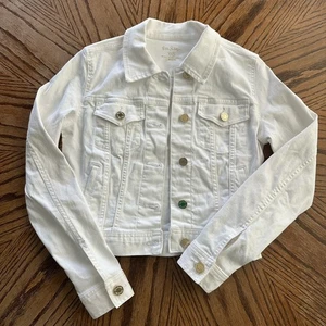 Lilly Pulitzer Jacket Size XXS White Crop Denim Gold Buttons Classic Palm Beach - Picture 1 of 14