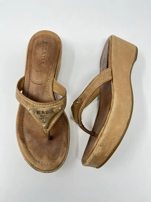 Sandalias Prada Vintage Años 90 Y2K Marrón Tostado Triángulo Logo Plataforma Cuña Tanga 37 7 Foto 1 de 4