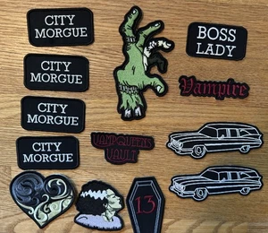 Lot of 13 Spooky Patches - City Morgue, Vampire, Coffin, Zombie, Hearses - Picture 1 of 5
