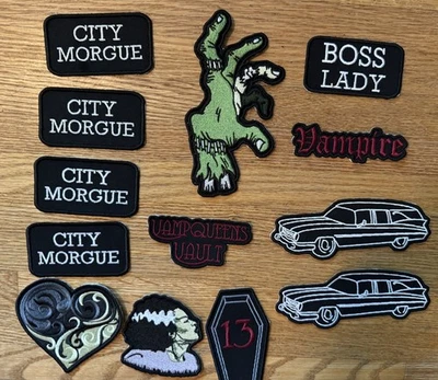 Lot of 13 Spooky Patches - City Morgue, Vampire, Coffin, Zombie, Hearses - Image 1 of 4