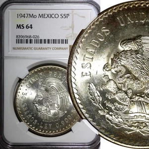 MEXICO Silver 1947 Mo 5 Pesos NGC MS64 Cuauhtemoc 40mm Nice Toned KM# 465 (026) - Picture 1 of 5