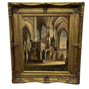 Vintage Oil Painting Gothic Cathedral Interior M. Stanley Ornate Frame 30 x 34 - Picture 1 of 15