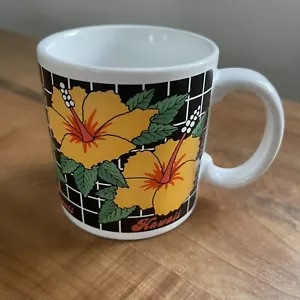 Vintage 1980s Hawaii SFBCO Floral Graphic Mug 1984 Hibiscus Yellow Black Red - Picture 1 of 5