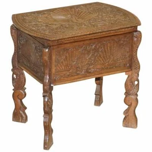 CIRCA 1880 BURMESE HAND CARVED PEACOCK SEWING TABLE CUPBOARD CHEST OPEN TOP - Picture 1 of 12