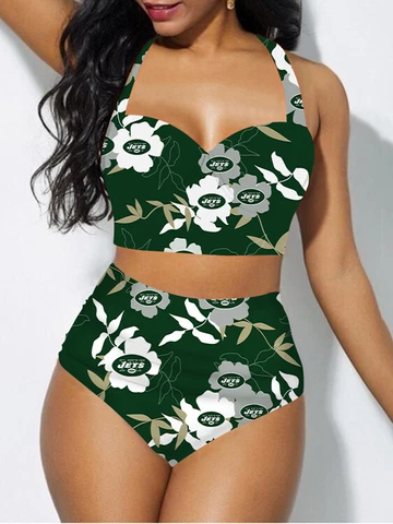 New York Jets Womens 2pcs Halter Swimsuit Low Cut Bikini Set Beach Bathing Wear Cover