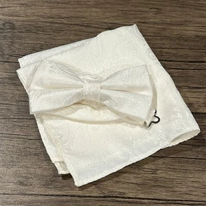 Ivory Paisley Bow Tie Pocket Square Set Men Wedding Essential Bowtie Hanky - Picture 1 of 6