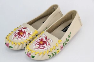KENZIE Cuero Doony Mocasín Plano Pintado Flores Látigo Cosido Mujer Talla 6.5M - Imagen 1 de 11