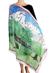 VINTAGE HANDBEMALTER MOUNTAIN ART 100 % SEIDE HANDGEROLLT QUADRATISCHER SCHAL GESCHENKIDEE AT7 - Bild 1 von 10