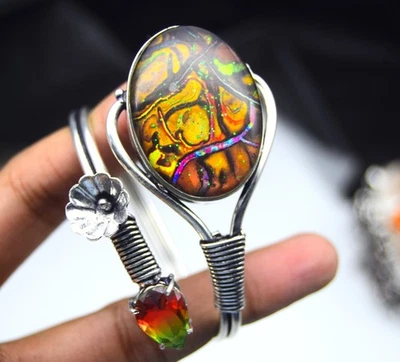 Natural Ammolite Gemstone 925 Sterling Silver Jewelry Cuff Bracelet Adjustable" - Image 1 of 4