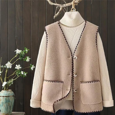 Women Color Blocked Casual Vest with Buttons and Pocket Ruffle Edge Decoration - Image 1 of 4