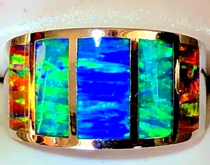 Wide handsome Windows Mens Opal ring 10 Sterling silver 925 Red Green Blue Fire - Picture 1 of 12