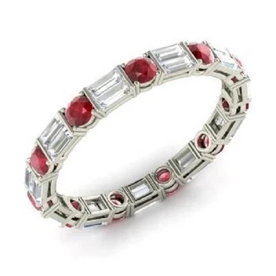 Banda de eternidad aniversario diamante rubí rojo natural de 1,96 quilates oro blanco real de 14 quilates Foto 1 de 4