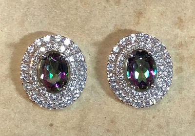 Aretes de plata de ley con topacio místico ovalados circonita cúbica halo 925 6x8 mm 0,60" 3,8 g 7598 Foto 1 de 4