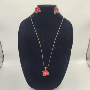 Christmas Poinsetta Jewelry Set Gold Tone Enamel 30 Inch Necklace & Earring Set - Picture 1 of 15