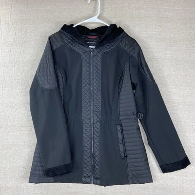 Chaqueta acolchada acolchada ligera Jones New York para mujer mediana negra cremallera completa con capucha Foto 1 de 4