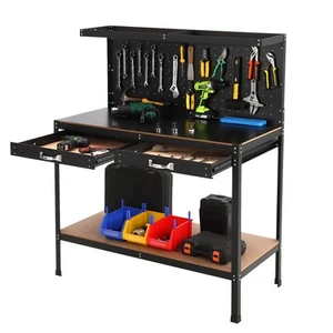 56" Workbench Tools Cabinet Working Tables Storage Workshop W/Drawers & Pegboard - Picture 1 of 7