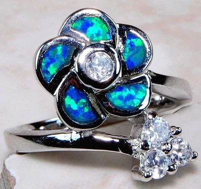 Australian Opal Inlay & Topaz 925 Solid Sterling Silver Ring Sz 6 BP2 - Image 1 of 2