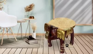 Handmade Wooden Elephant Stool with Brass Fittings -Indian Art Decor Collectible - Picture 1 of 9