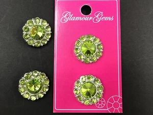 4 Glamour Gems Silver Tone Plastic Buttons ~ Green Rhinestone ~ 7/8 22mm ~ NEW - Picture 1 of 5