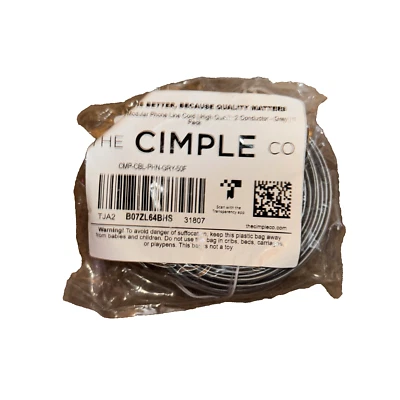 The CImple Co 50 Ft Modular Phone Line Cord High quality 2 Conductor Grey 1 Pack - Image 1 of 2