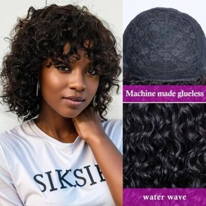 Black Pixie Cut Human Hair Wigs For Black Women Curly Clueless Wigs with Bangs  - Picture 1 of 5