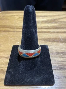 Vintage Southwestern Sterling Turquoise & Coral Chip Inlay Band Ring Sz 13 - Picture 1 of 5